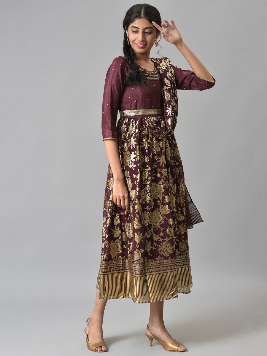 AURELIA Brown Ethnic Motifs A-Line Midi Dress