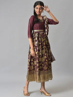Thumbnail for AURELIA Brown Ethnic Motifs A-Line Midi Dress