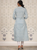 Thumbnail for Ode by House of Pataudi Floral Printed Mandarin Collar Cotton A-Line Kurta With Front Slit - Distacart