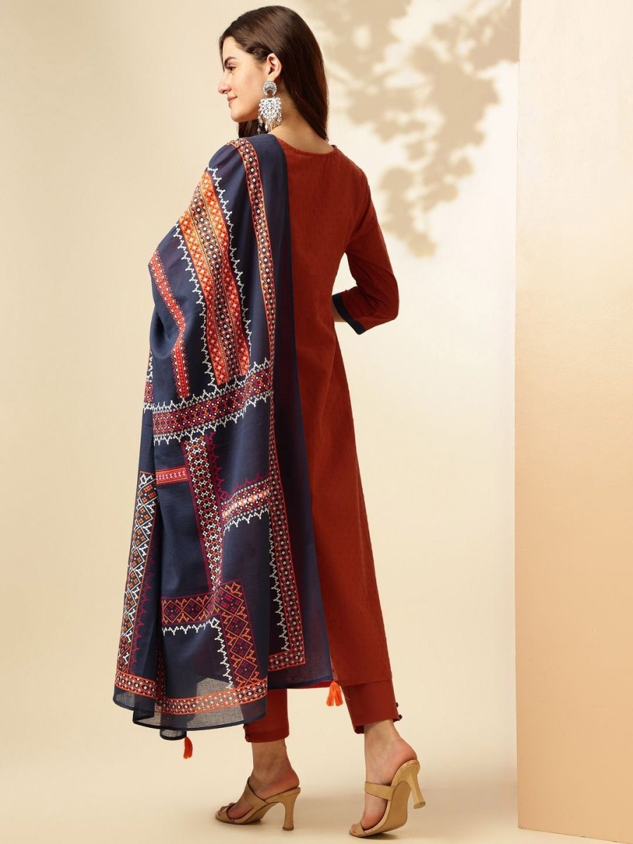 Anouk Ethnic Motifs Panelled Pure Cotton Kurta with Trousers & With Dupatta