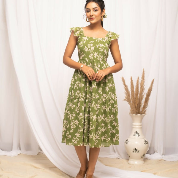 FIORRA Women's Mehandi Green Georgette Floral Printed Dress - Distacart