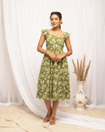 Thumbnail for FIORRA Women's Mehandi Green Georgette Floral Printed Dress - Distacart