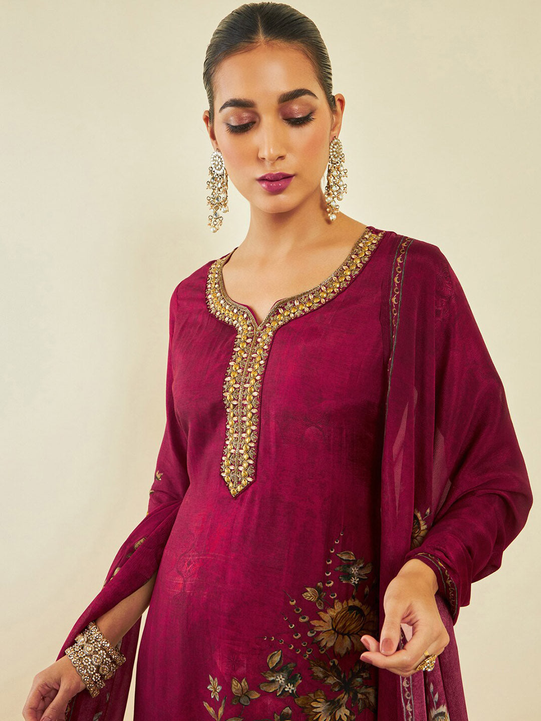 Soch Maroon Floral Printed Beads and Stones Kurta With Trousers & Dupatta - Distacart