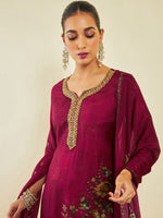 Thumbnail for Soch Maroon Floral Printed Beads and Stones Kurta With Trousers & Dupatta - Distacart