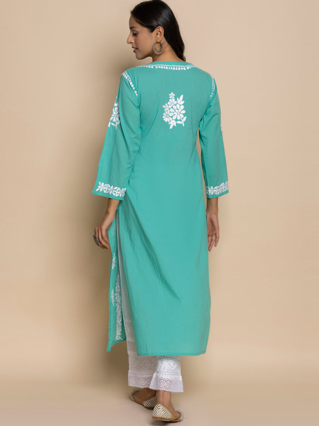 HOUSE OF KARI Floral Embroidered Chikankari Cotton A-Line Kurta - Distacart
