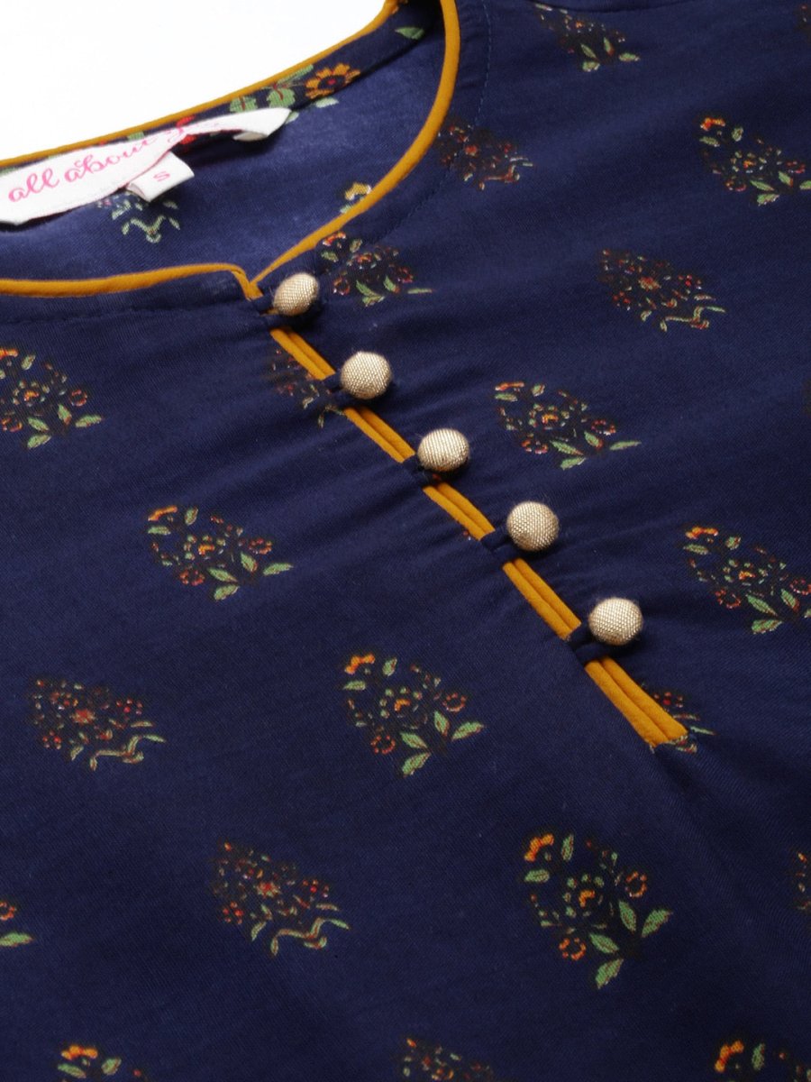 All About You Women Navy Blue Floral Printed Regular Long Sleeves Kurta with Trousers - Distacart