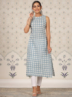 Thumbnail for Ode by House of Pataudi Floral Printed Sleeveless A-Line Cotton Kurta - Distacart