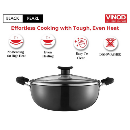 Vinod Black Pearl Hard Anodised Non Stick Deep Kadhai with Glass Lid - Dista
