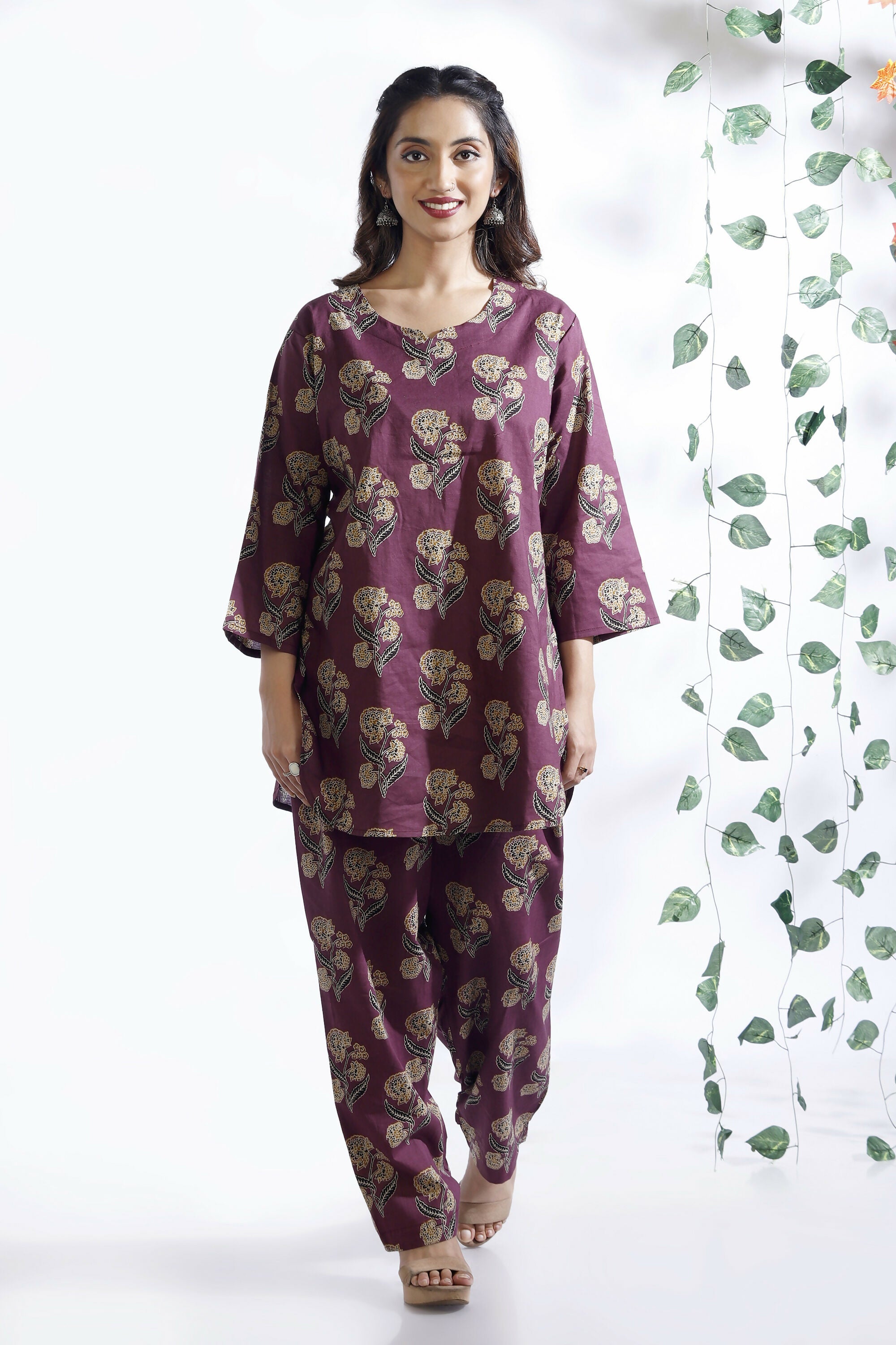 Breathables Wine Butta Cotton Co-Ord Set – Kurta With Straight Pants - Dista