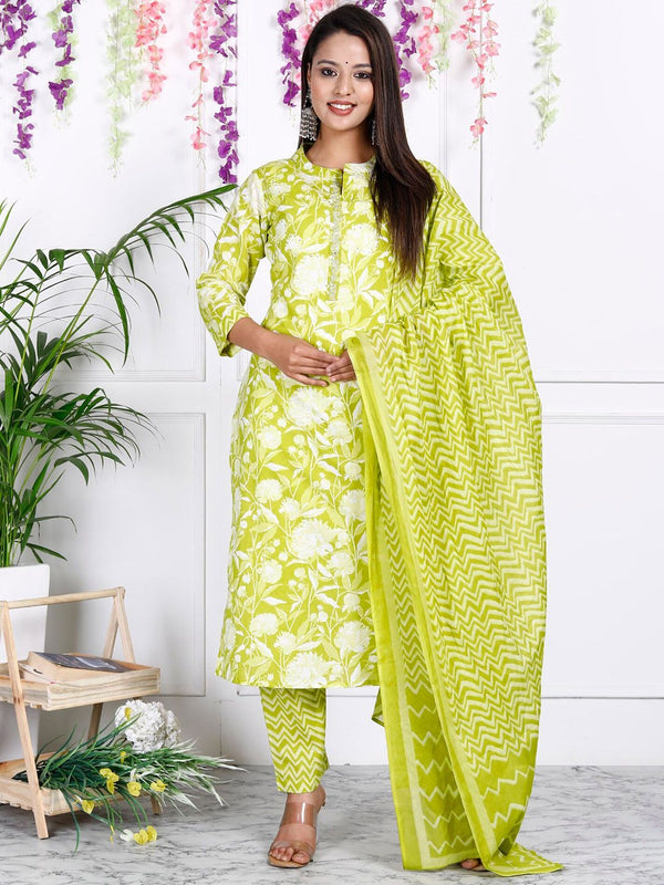 Swasti Floral Printed Sequinned Pure Cotton Straight Kurta With Trousers & Dupatta - Distacart