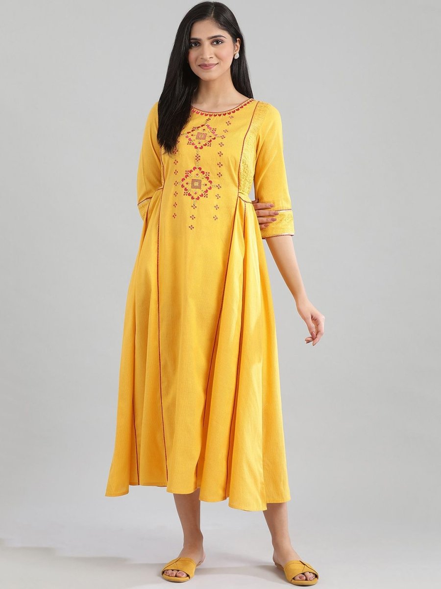 AURELIA Women Yellow Embroidered A-Line Dress - Distacart