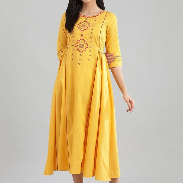 AURELIA Women Yellow Embroidered A-Line Dress - Distacart