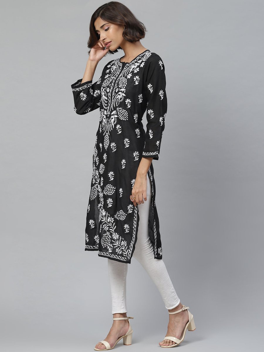 ADA Women Black & White Chikankari Embroidered Straight Sustainable Handloom Kurta - Distacart