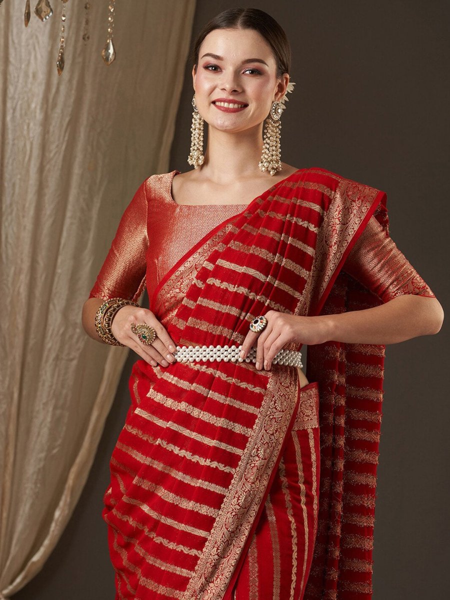 Anouk Red & Gold-Toned Woven Design Zari Pure Georgette Kanjeevaram Saree - Distacart