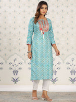 Thumbnail for Ode by House of Pataudi Sea Green Ethnic Printed Tie-Up Neck Gotta Patti Straight Kurta - Distacart