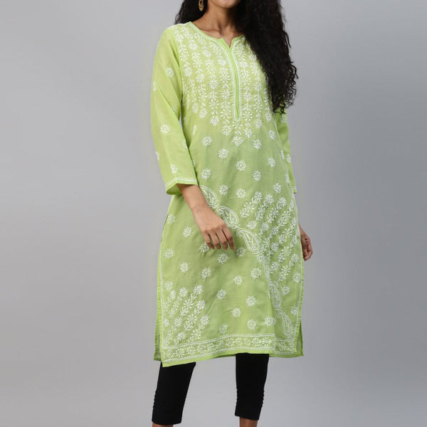 ADA Women Green & White Ethnic Motifs Chikankari Hand Embroidered Sustainable Kurta - Distacart