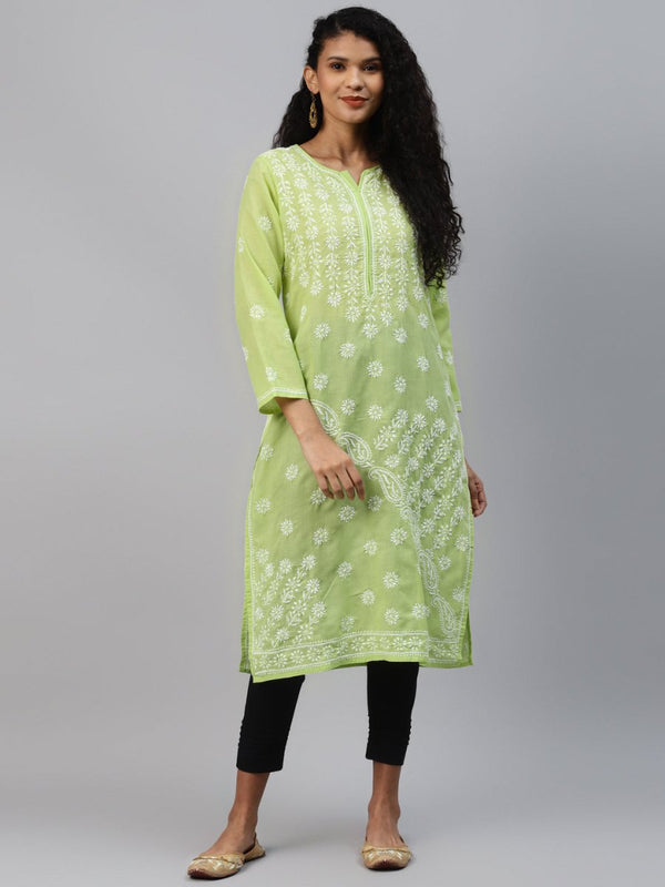ADA Women Green & White Ethnic Motifs Chikankari Hand Embroidered Sustainable Kurta - Distacart