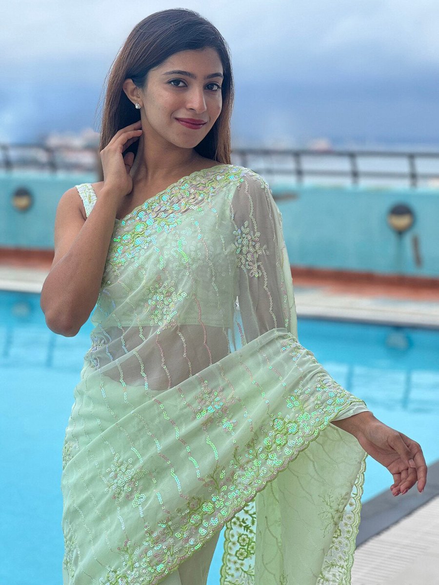 Anouk Green Floral Embellished Sequinned Pure Georgette Saree - Distacart