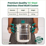 Thumbnail for The Indus Valley Tri-steel Multi Cooker Pot Premium Stainless Steel Momo Maker/ Idiyappam/ Biryani/  Veg Steaming Set, 3 Pots, 21cm