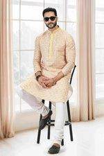 Thumbnail for Raivat Ethnic Cotton Thread Work Kurta Pajama In Yellow Colour - Dista