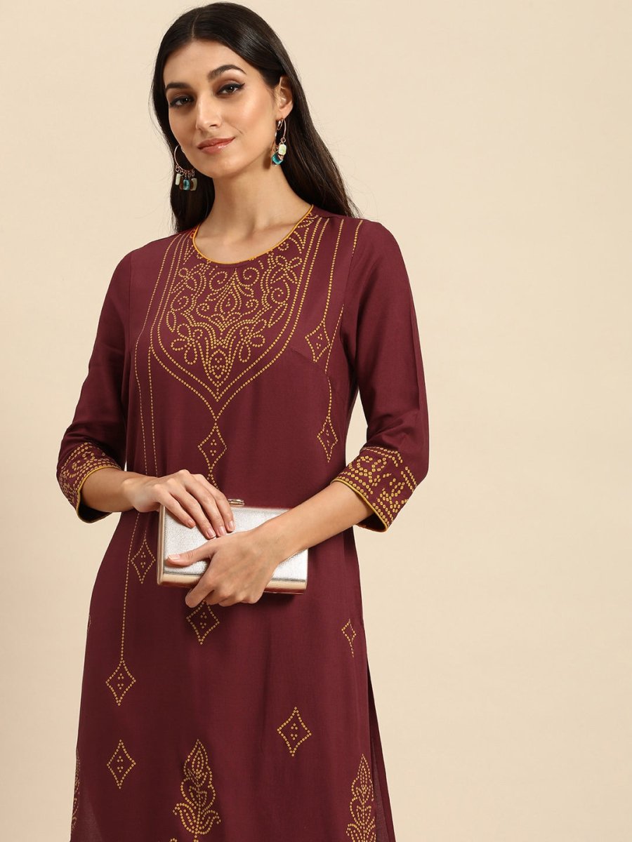 All About You Women Maroon Bandhani Printed Kurta with Trousers - Distacart