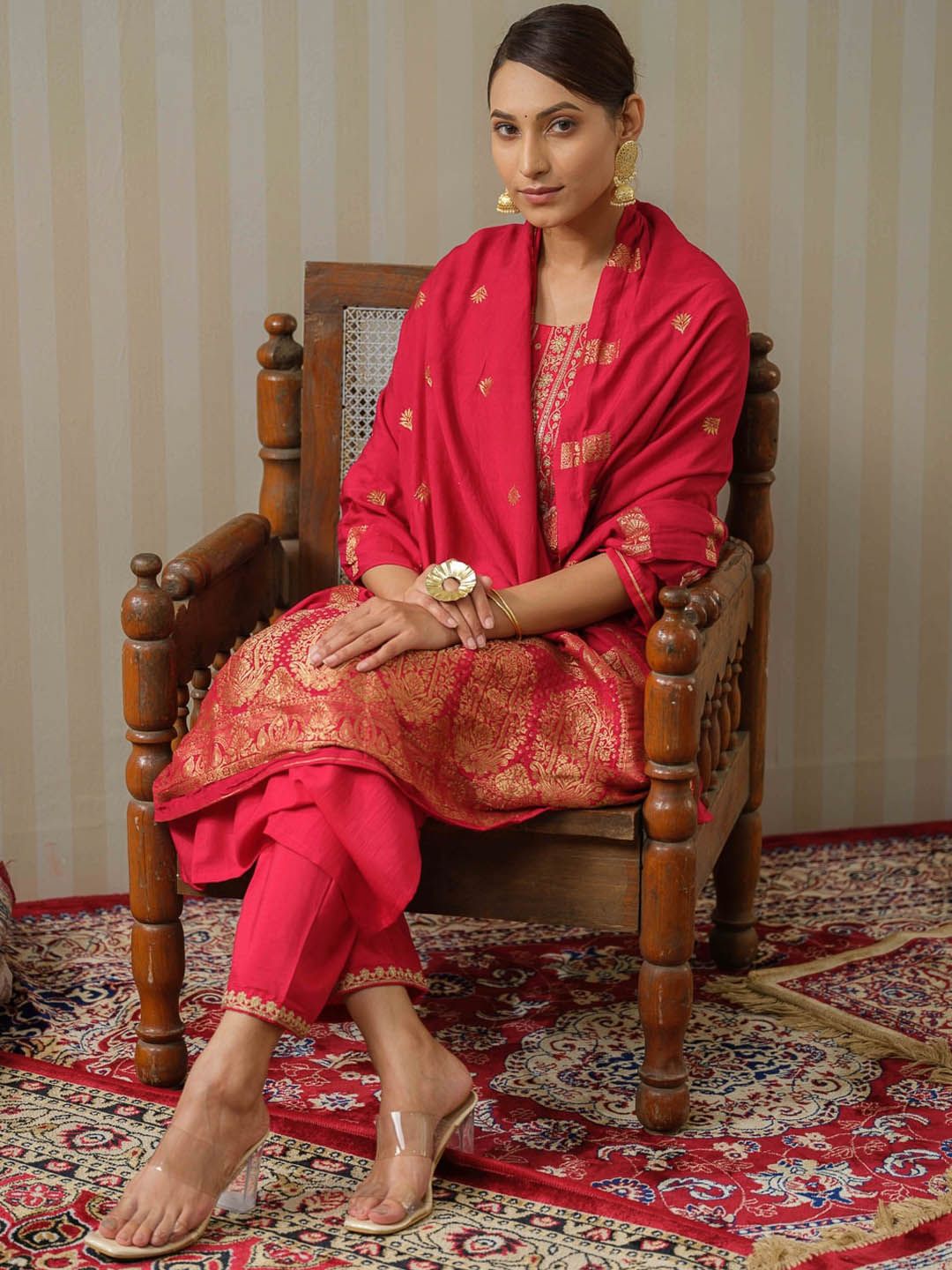 Ode by House of Pataudi Pink Ethnic Motifs Straight Kurta & Trousers With Dupatta - Distacart