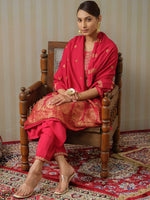 Thumbnail for Ode by House of Pataudi Pink Ethnic Motifs Straight Kurta & Trousers With Dupatta - Distacart