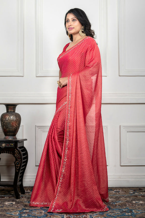 Morchari Pink Pure Chiffon Hand Embroidery Saree And Stitched Blouse