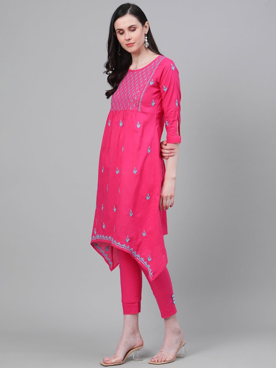 ADA Women Pink & Blue Chikankari Embroidered Cotton Handloom Kurta with Trousers - Distacart
