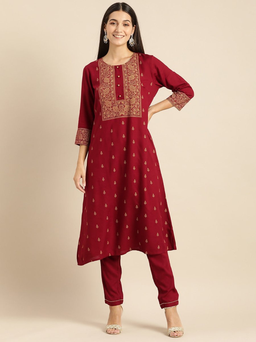 All About You Women Maroon Printed Kurta with Trousers - Distacart