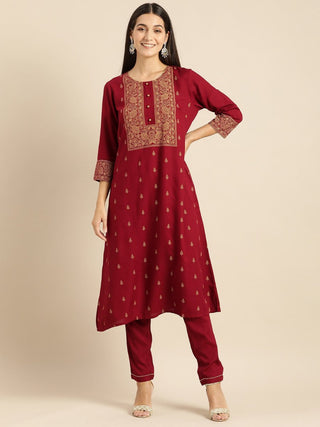 All About You Women Maroon Printed Kurta with Trousers - Distacart