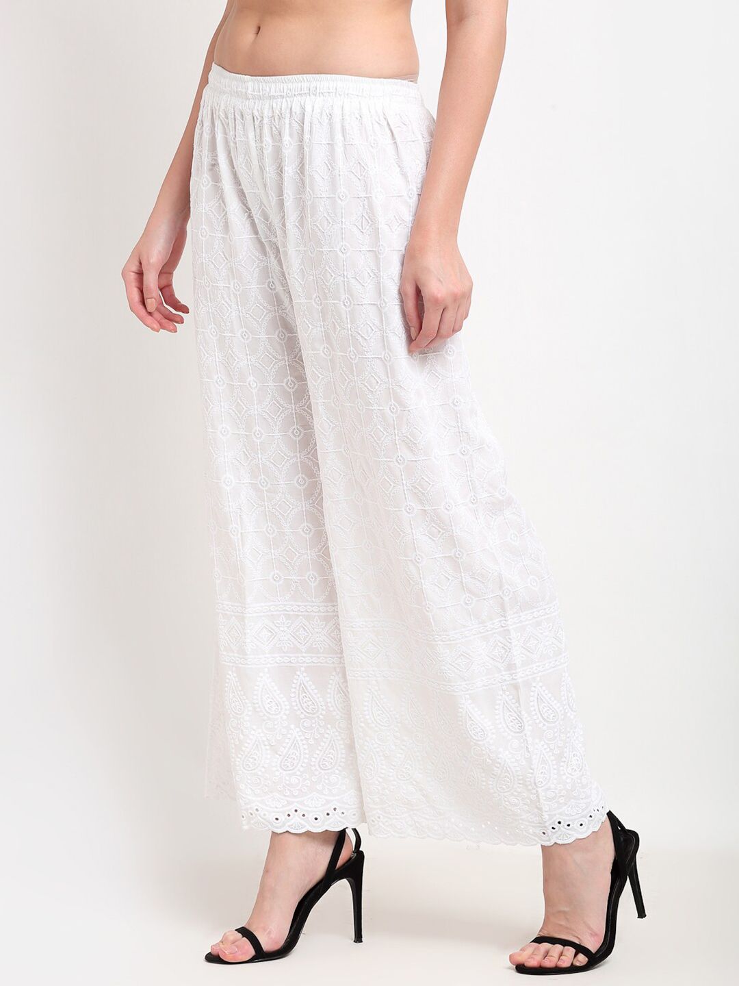 TAG 7 Women White Embroidered Flared Ethnic Palazzos - Distacart