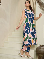 Thumbnail for Indo Era Floral Printed V-Neck Sleeveless Pure Cotton A-Line Kurta With Trousers