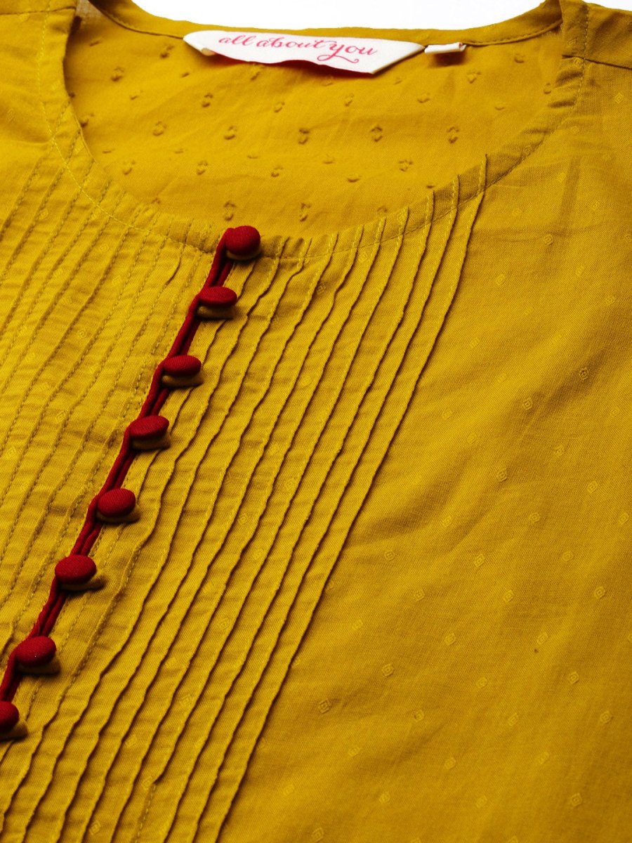 All About You Women Mustard Yellow Self Design Pure Cotton A-Line Kurta with Palazzos - Distacart