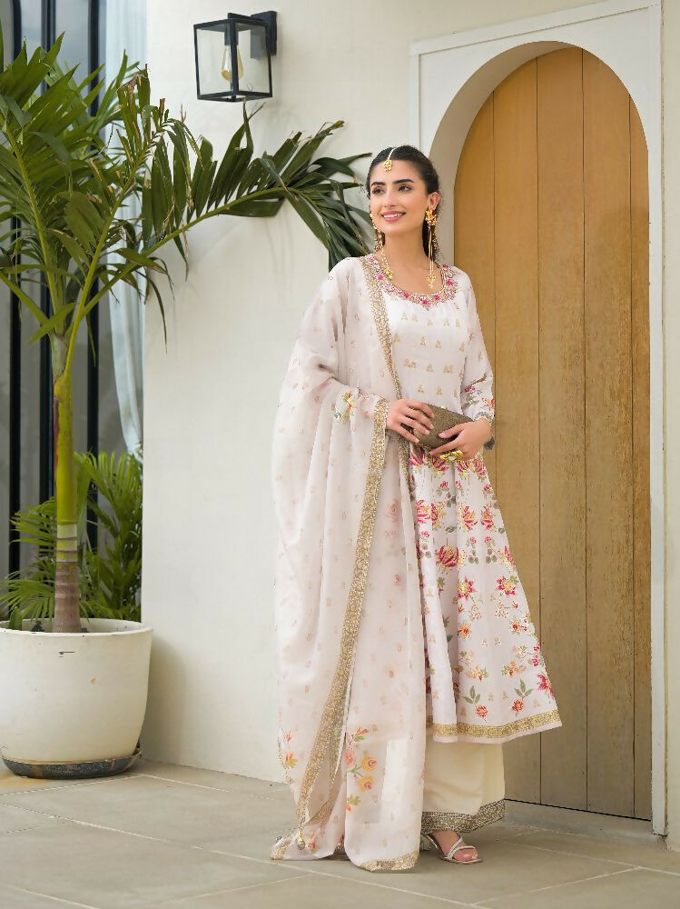 Functional Designer Off white Jam Silk Anarkali suit with Dupatta-Anbazaar - Distacart