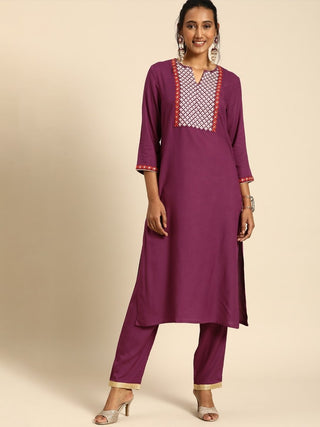All About You Women Purple Ethnic Motifs Yoke Design Regular Thread Work Kurta with Trousers - Distacart