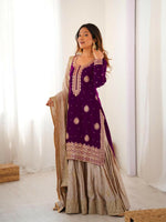 Thumbnail for Lehenga Mart Designer Sharara Suit With Kurta, Sharara, Dupatta For Women-Wine - Distacart
