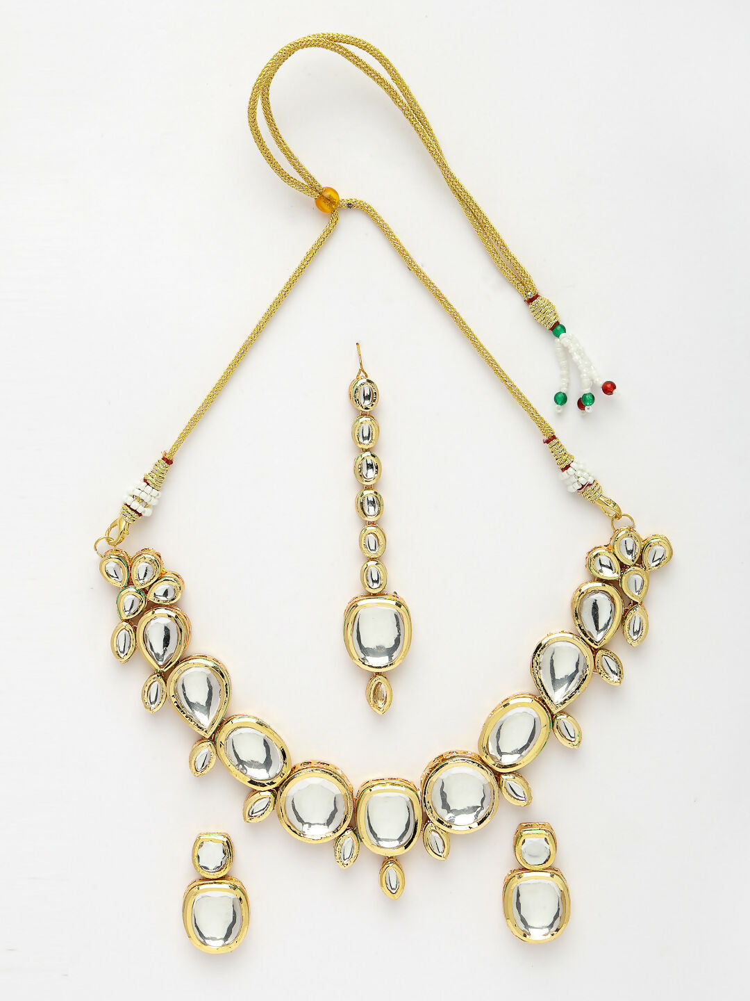NVR Women's Gold Kundan-Studded Necklace and Earrings with Mang Tikka - Distacart