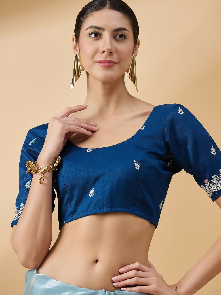 Blue Organza Sequence Embroidered Saree with Unstitched Blouse - Satya - Distacart