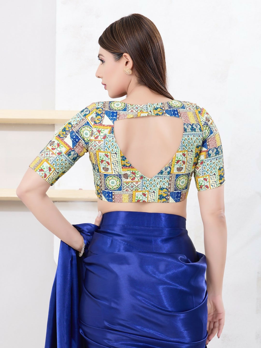 Joban Fashion Multi Polyester Elbow Sleeveless Front Open Blouse