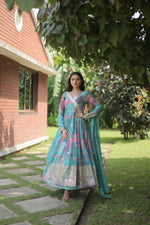 Thumbnail for Jyoti Fashion Women's Sky Blue Russian Silk Digital Print with Embroidered Anarkali Dress with Dupatta - Distacart