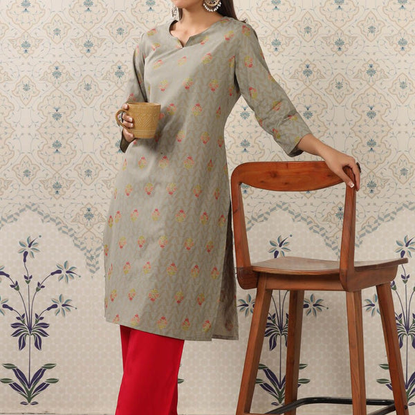 Ode by House of Pataudi Grey & Red Floral Printed Notched Neck Kurta With Palazzos - Distacart