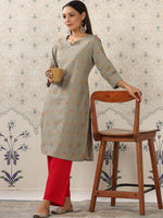Thumbnail for Ode by House of Pataudi Grey & Red Floral Printed Notched Neck Kurta With Palazzos - Distacart