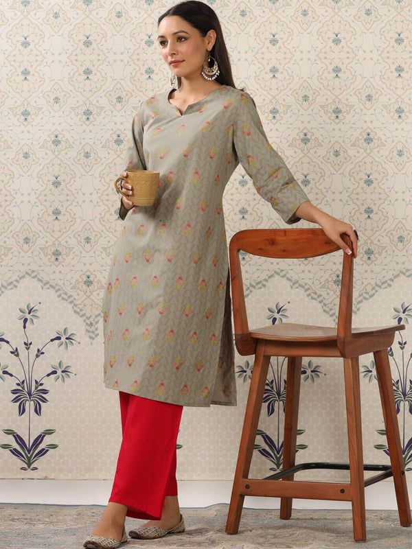 Ode by House of Pataudi Grey & Red Floral Printed Notched Neck Kurta With Palazzos - Distacart