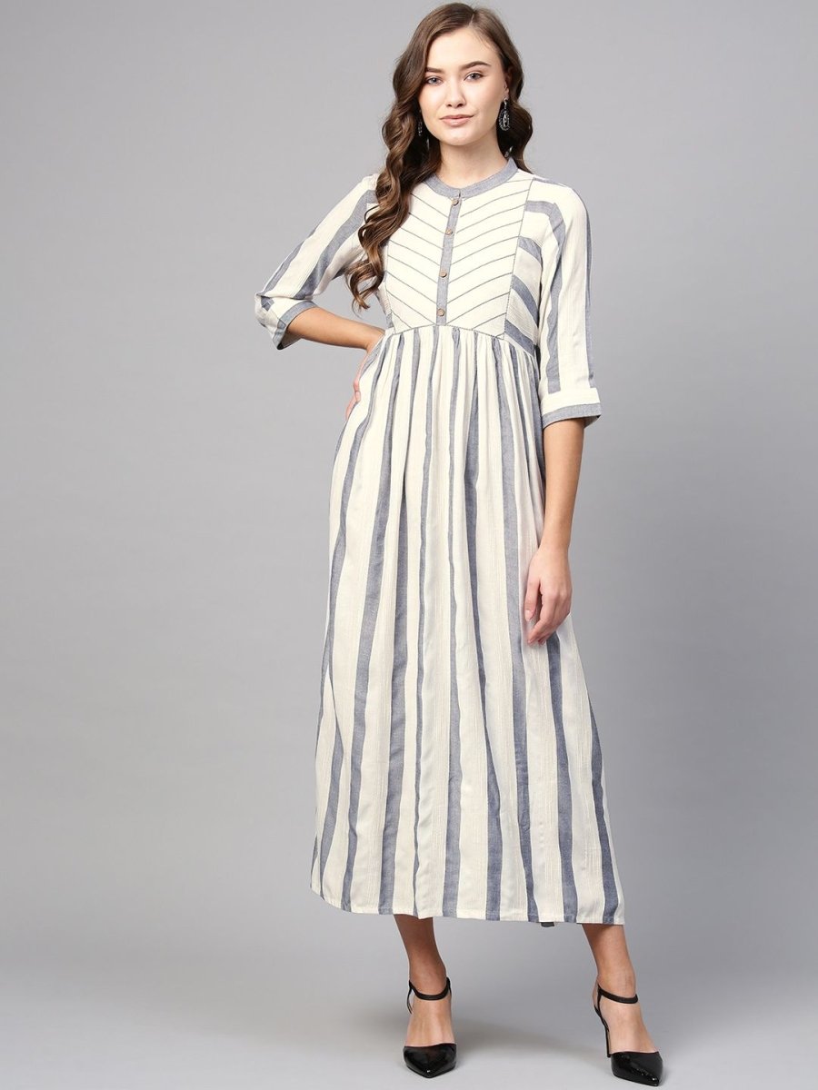 AURELIA Women Off-White & Navy Blue Striped Maxi Dress - Distacart