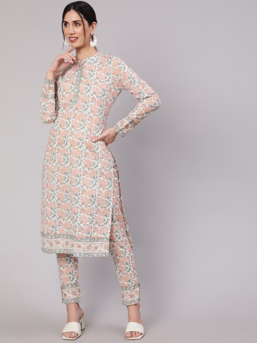 Aks Floral Printed Pure Cotton Kurta With Trousers - Distacart
