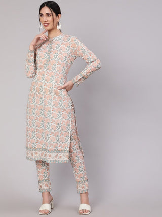 Aks Floral Printed Pure Cotton Kurta With Trousers - Distacart