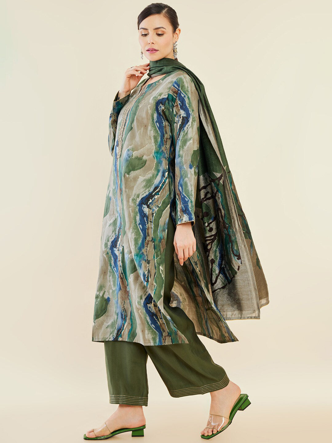 Soch Green Abstract Printed Regular Straight Kurta & Palazzos With Dupatta - Distacart