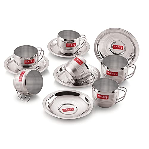 HAZEL Stainless Steel Cup & Saucer Set of 6 | 170 ml Unbreakable Tea/Coffee Cups & Saucers | Stainless Steel Mugs & Saucer Set