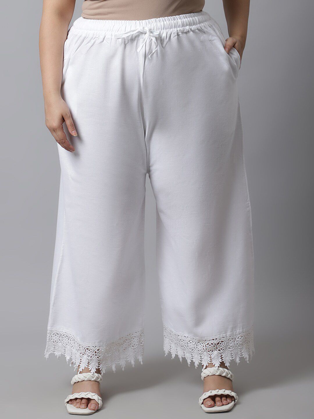 TAG 7 Women Plus Size White Solid Linen Ethnic Palazzos - Distacart